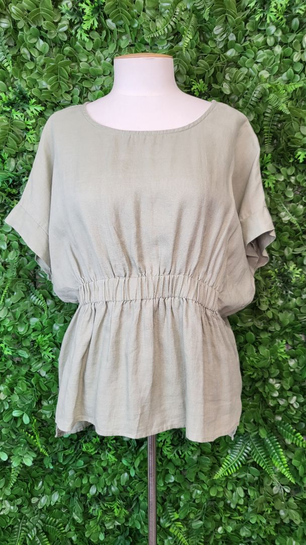 Eb&Ive Moss Ruched Linen Top (12-14)