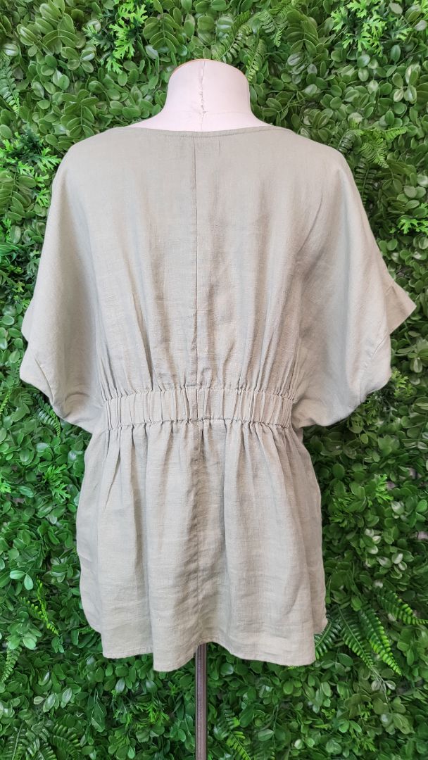 Eb&Ive Moss Ruched Linen Top (12-14)