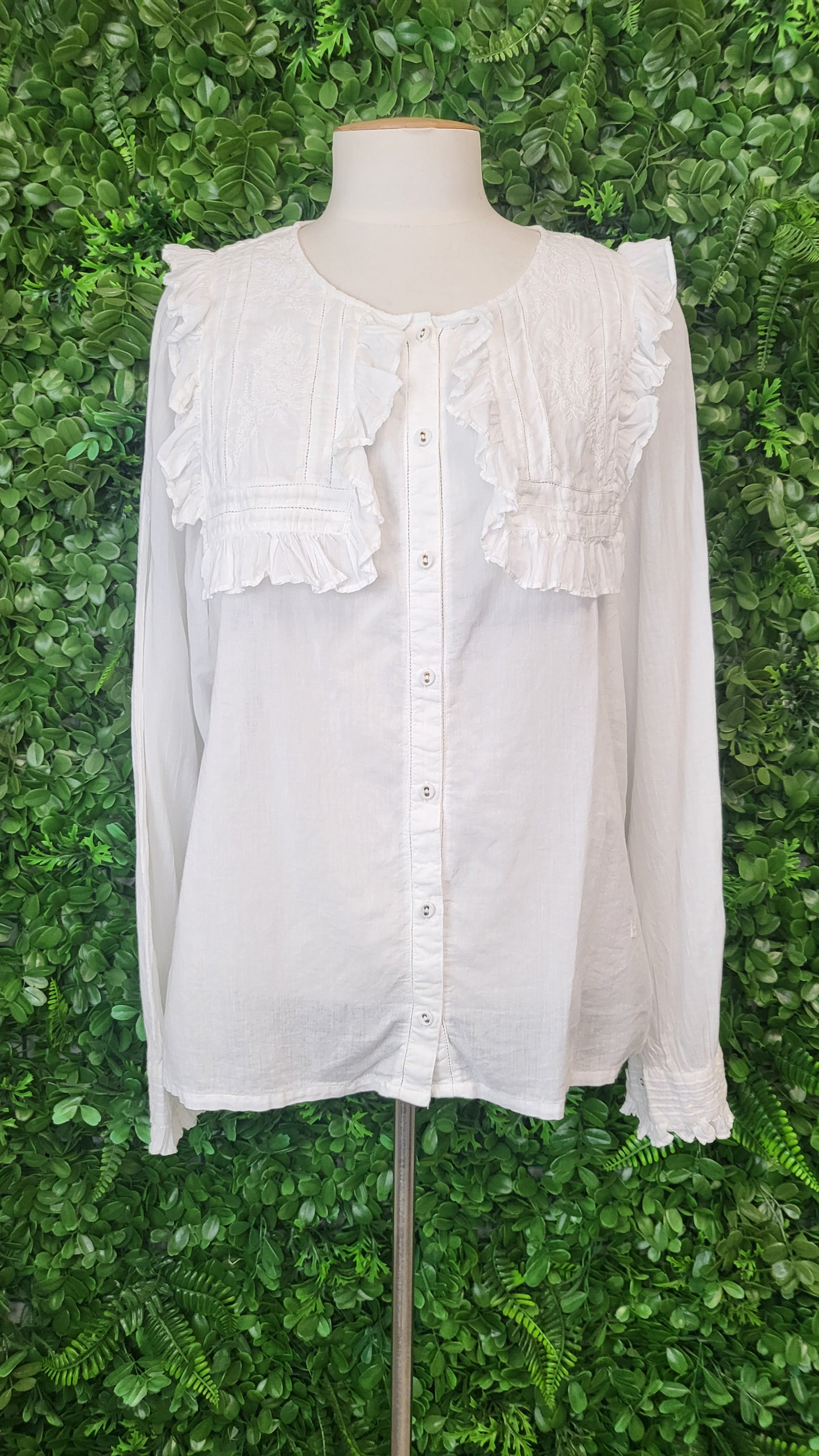 Leon & Harper Cream Frill Yoke Shirt 14