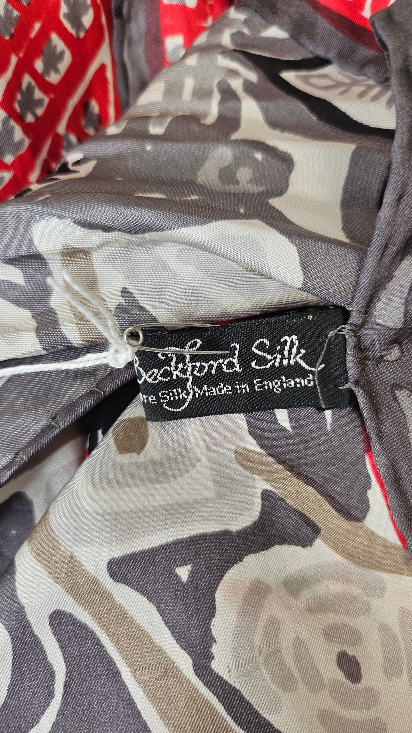 Beckford Silk Red,black,taupe,grey Silk scarf with abstract print