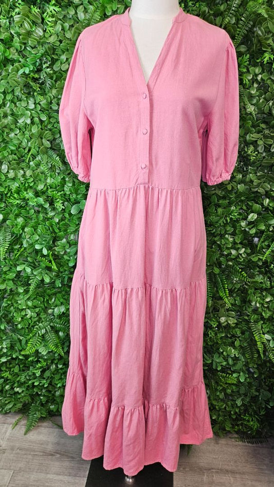 Elm Pink Linen Blend Tiered Dress (6)