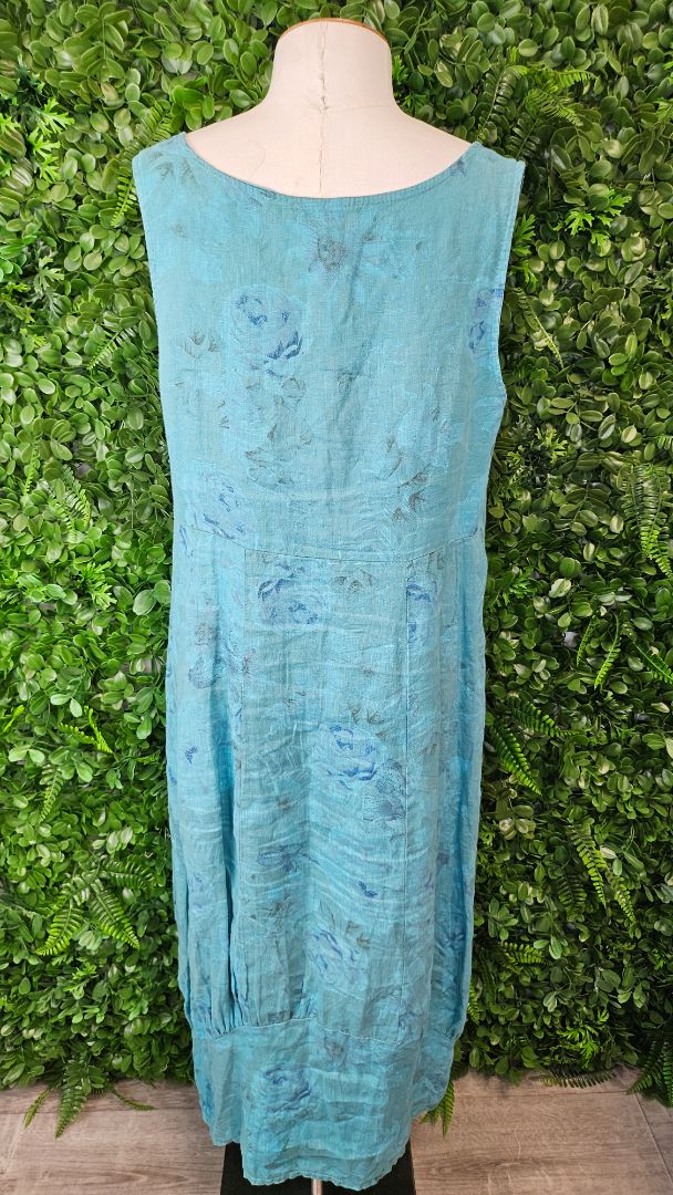 Made In Italy Blue Linen Floral Dress (OSFM)