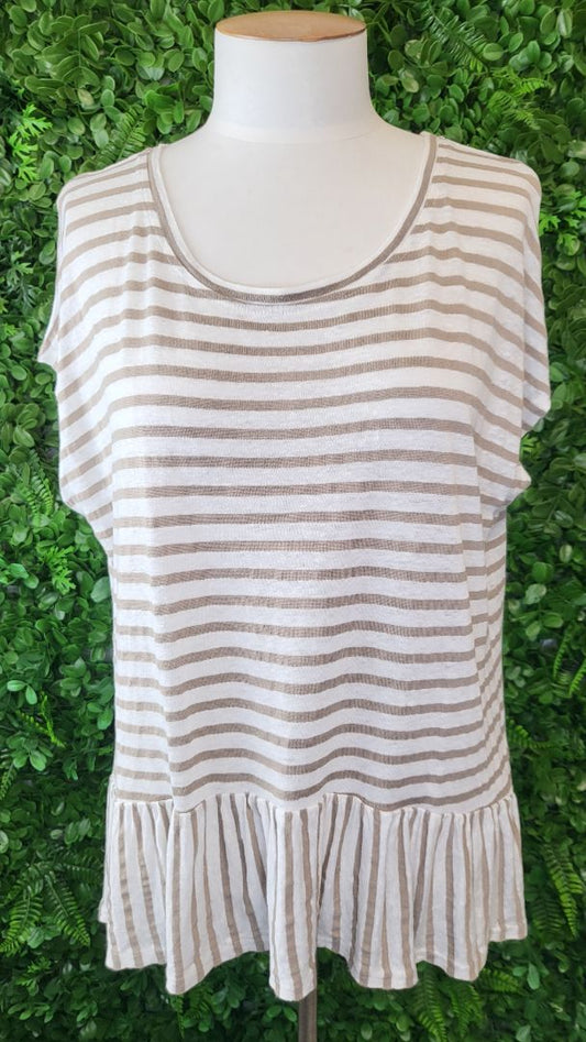 Eb & Ive Taupe/Cream Linen Frill Hem Top (14)