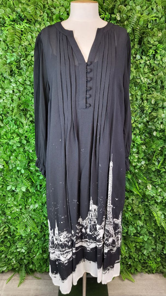 Blue Ilusion Black Paris Print Dress (10-12)