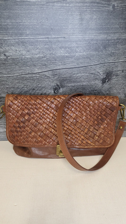 Massimmo Dutti Brown Woven Crossbody Leather Bag W 28cm, H 20cm