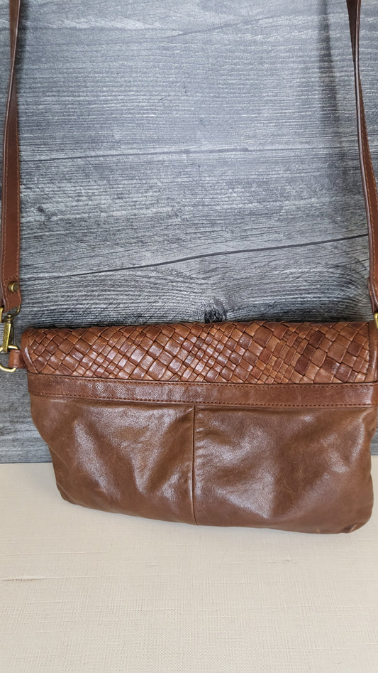 Massimmo Dutti Brown Woven Crossbody Leather Bag W 28cm, H 20cm