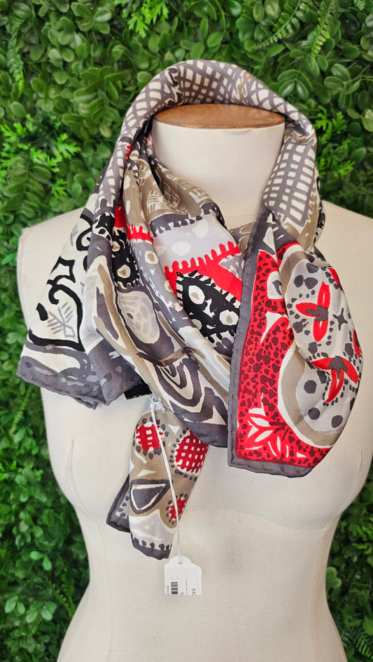 Beckford Silk Red,black,taupe,grey Silk scarf with abstract print
